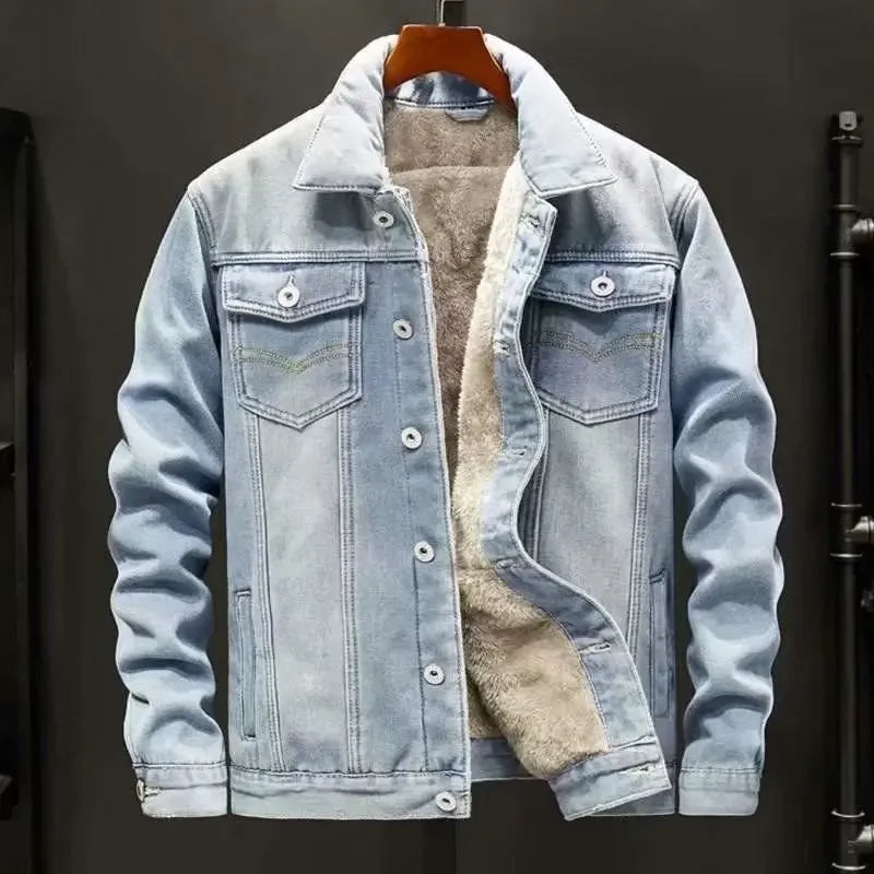Thickened Fleece-lined Denim Jacket Men's Loose Fit Warm Work Clothes Trendy Korean Style Versatile Casual Wear - NJN NATURES