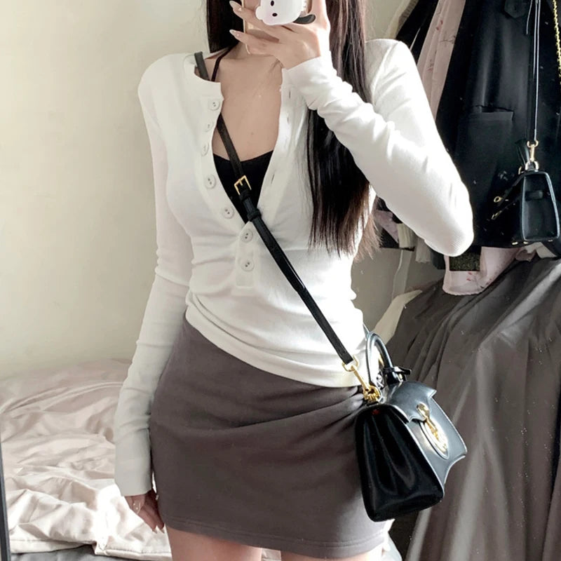 Xingqing y2k Grunge Tops Women Solid Color Slim Fit V Neck Long Sleeve Button Up T Shirt 2000s Fairycore Clothing Streetwear - NJN NATURES