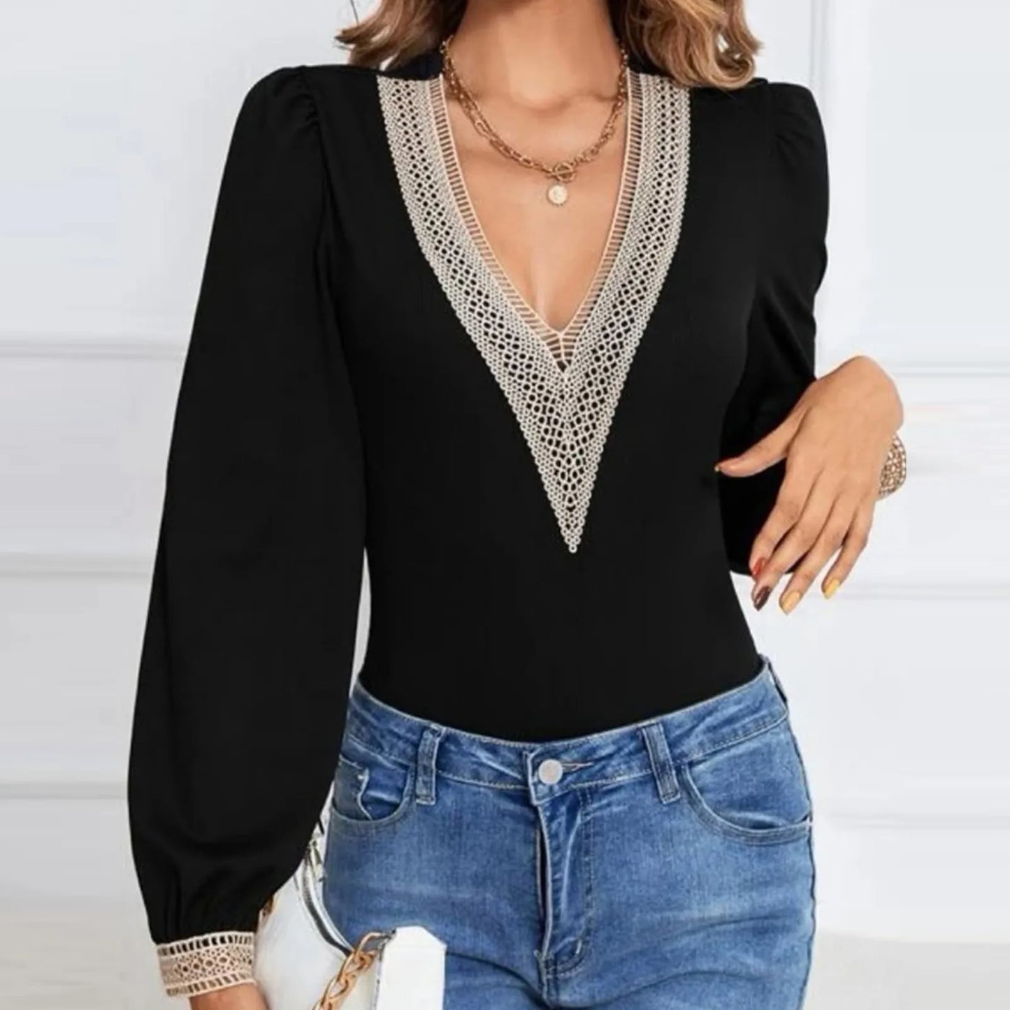 Lace V Neck Bodysuit Blouses Puff Long Sleeves Pullover Fashion Solid Tops Elegant Female Ribbed Body Suit Spring Jumpsuit 2024 - NJN NATURES