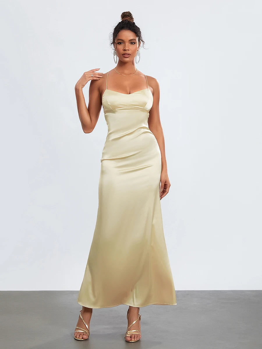 wsevypo Women's Spaghetti Strap Party Dress Backless Cross Tie-up Sleeveless Low Cut Slip Dresses Elegant Evening Gown Vestidos - NJN NATURES