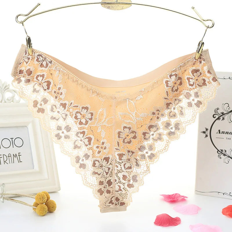 Women Lace Panties Sexy Low-waist Briefs Female Thong Floral Embroidery Underwear T-back Transparent G String Underpant Lingerie - NJN NATURES