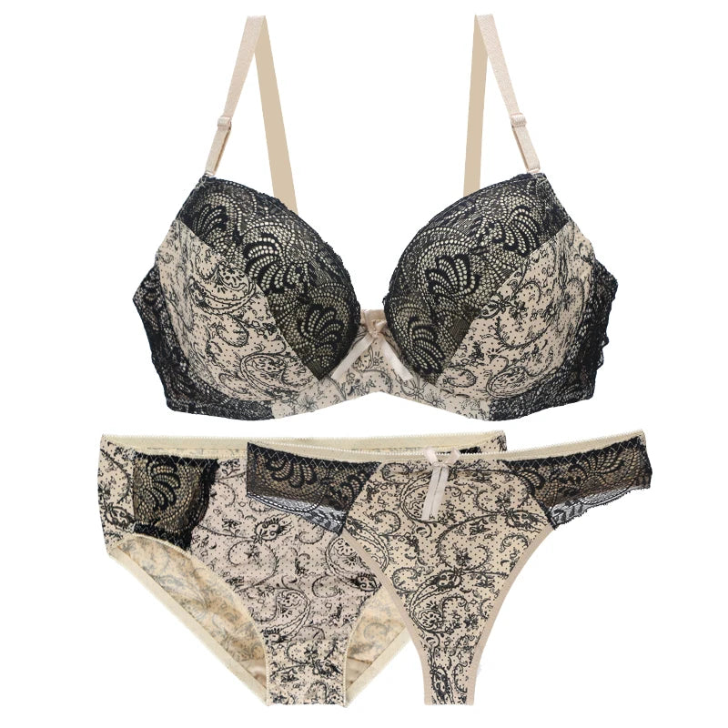 2024 New Sexy Push Up Bra Sets For Women 3 Piece Underwear Transparent BCDEF Cup Beige Black Blue Purple Red White Lingerie - NJN NATURES