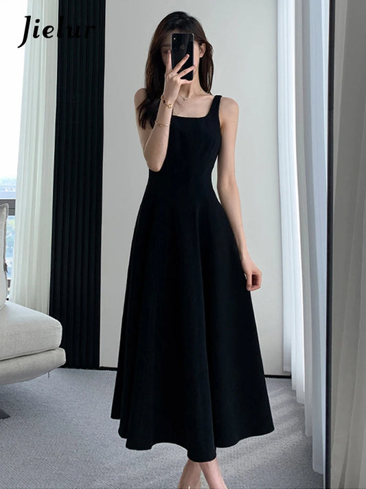 Jielur French Style Black Spaghetti Strap Female Dresses Summer Slim Waist Elegant Evening Women's Dresses Birthday Party Dress - NJN NATURES