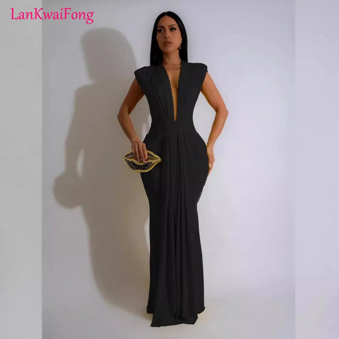 LKF Fashionable Party Dress Sleeveless Deep V Waist Sexy Solid Color Stretch Elegant MIDI Long Evening Dress - NJN NATURES