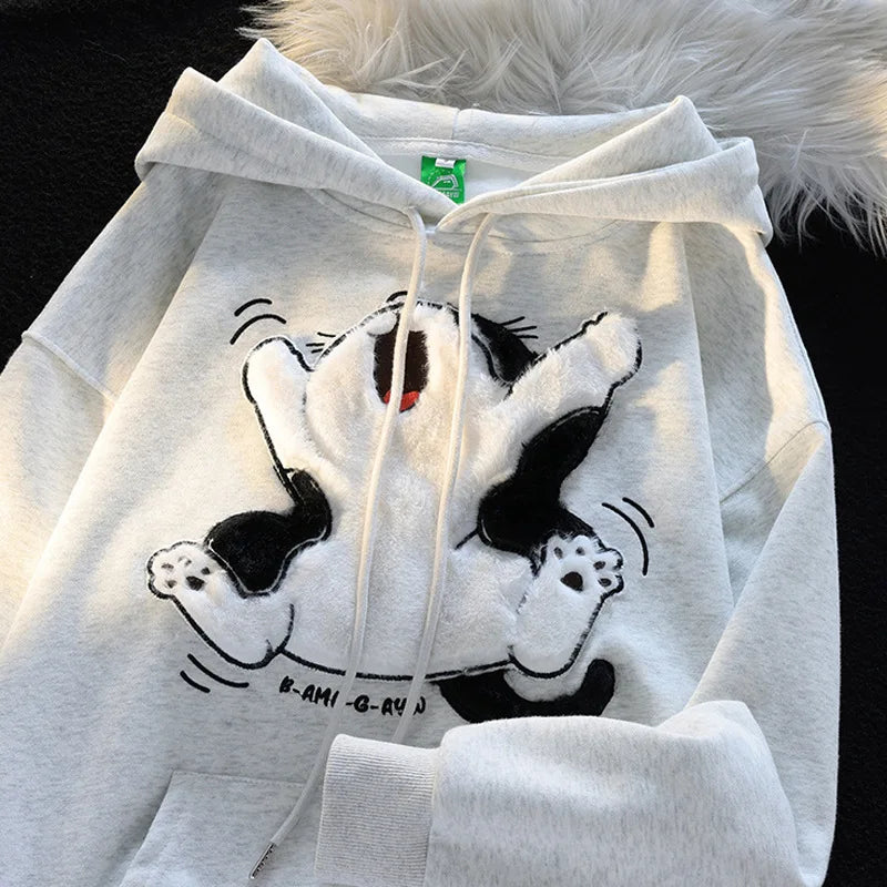 Japanese Kawaii Flock Embroidery Cartoon Cat Patchwork Hoodies Thicken Kangaroo Pocket Baggy Street Sweatshirt All-Matching Top - NJN NATURES