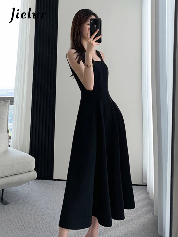 Jielur French Style Black Spaghetti Strap Female Dresses Summer Slim Waist Elegant Evening Women's Dresses Birthday Party Dress - NJN NATURES