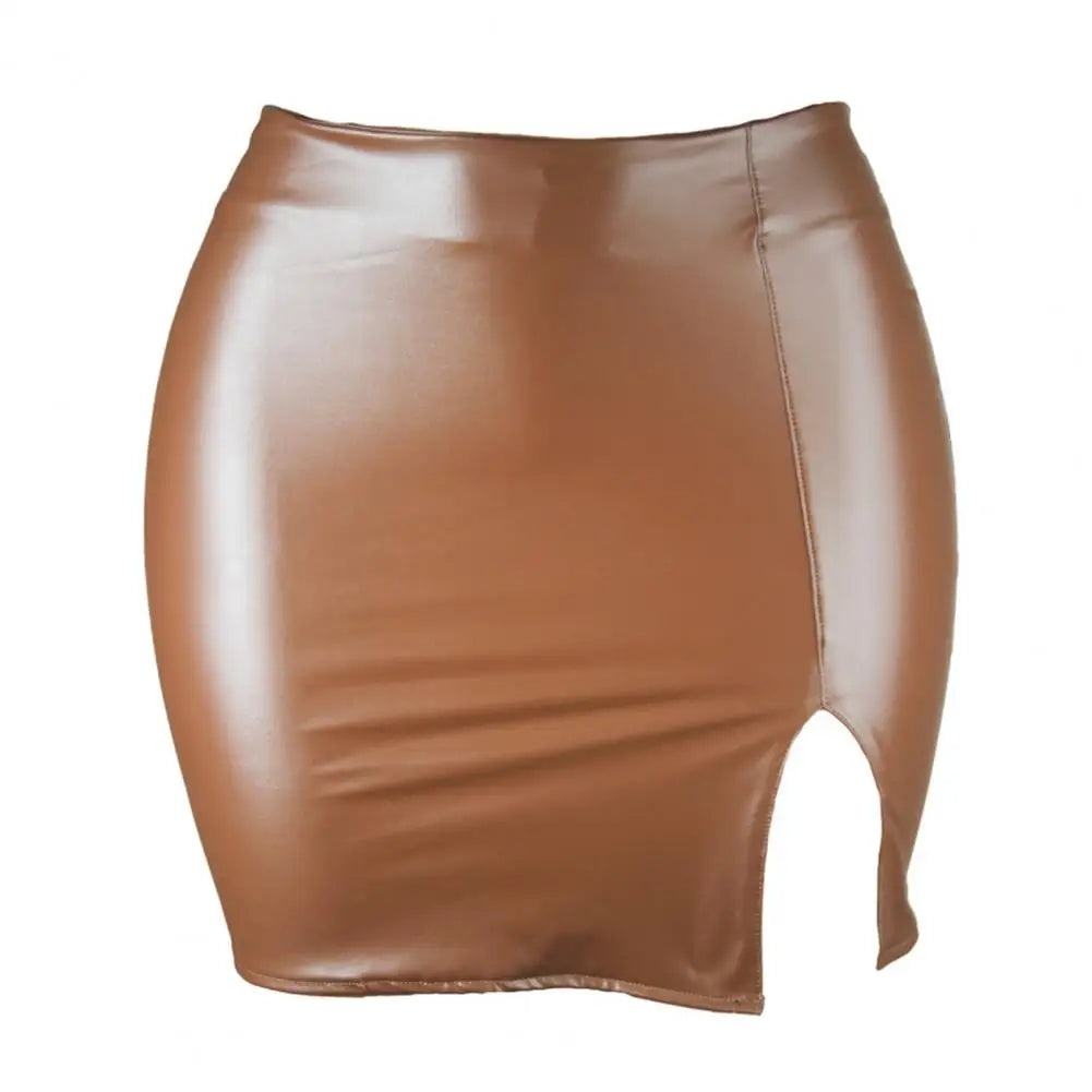 Women Skirt Solid Color Hidden Zipper Mini Skirt Faux Leather High Waist Split Skinny Skirt Female Streetwear Women's Clothing - NJN NATURES