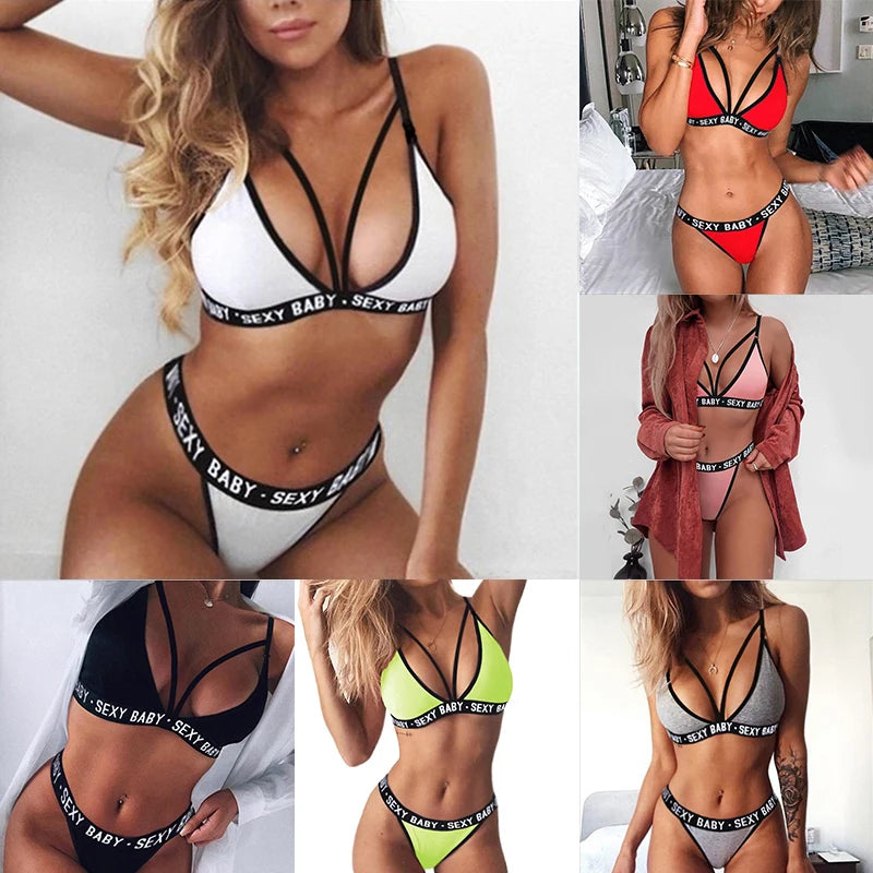 Women's Sexy Lingerie Set Letter Print Sports Underwear Set Pajamas Night Bra and Panty Sexy Bandage Corset Push Bra Bikini Set - NJN NATURES
