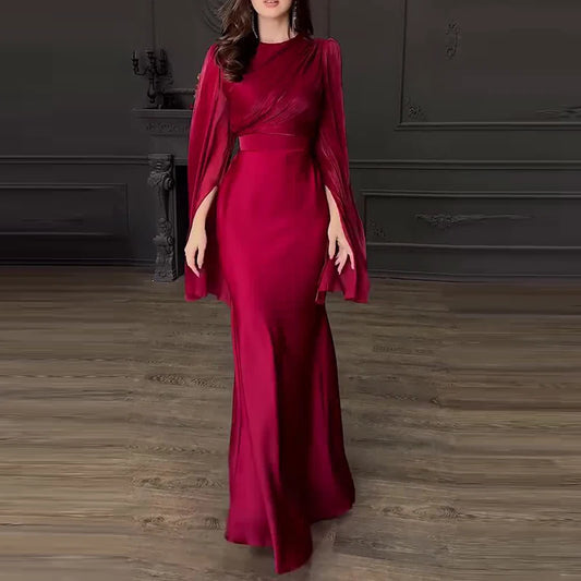Women Fashion O-neck Hight Waist Long Dress Sexy Split Long Sleeve Solid Party Dress Elegant Mesh Patchwork Satin Evening Dress - NJN NATURES
