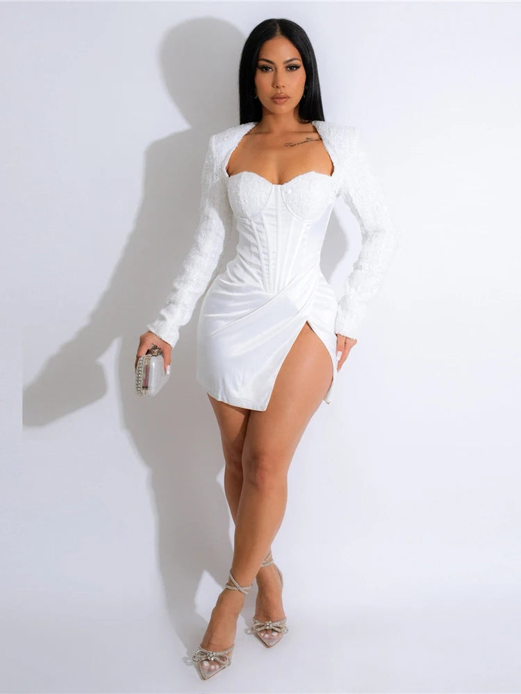 iDress Beautiful Corset Sequin Blazer Mini Dress Elegant Sequined Party Dress Long Sleeve Split Birthday Outfits Sexy Clubwear - NJN NATURES