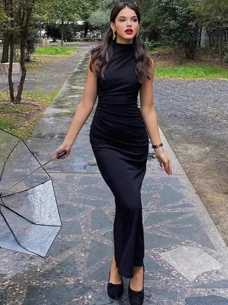 Tossy Pleated Long sleeved Slim Maxi Dress Women Solid Fashion Elegant Party Dress Gown Off-Shoulder High Waist Bodycon Dress - NJN NATURES
