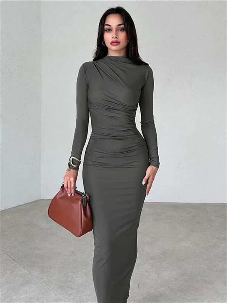 Tossy Pleated Long sleeved Slim Maxi Dress Women Solid Fashion Elegant Party Dress Gown Off-Shoulder High Waist Bodycon Dress - NJN NATURES