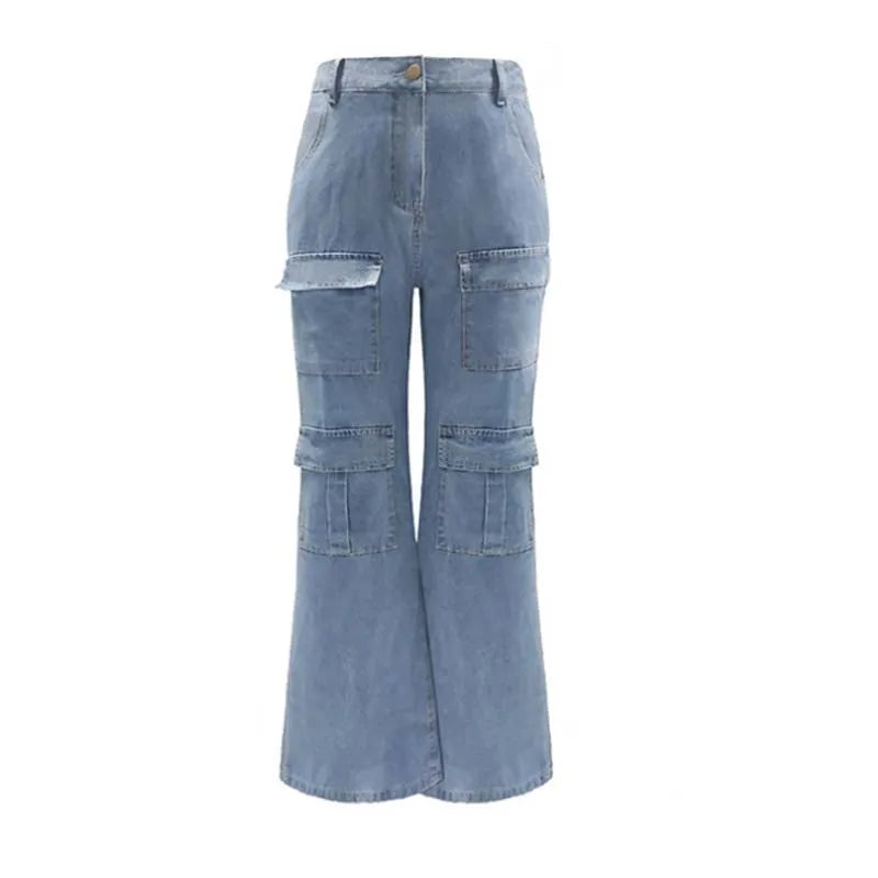 New Y2K Jeans Women's High Waist Baggy Jeans Washed Flap Big Pocket Straight Wide Leg Denim Pants Streetwear Vintage Cargo Jeans - NJN NATURES