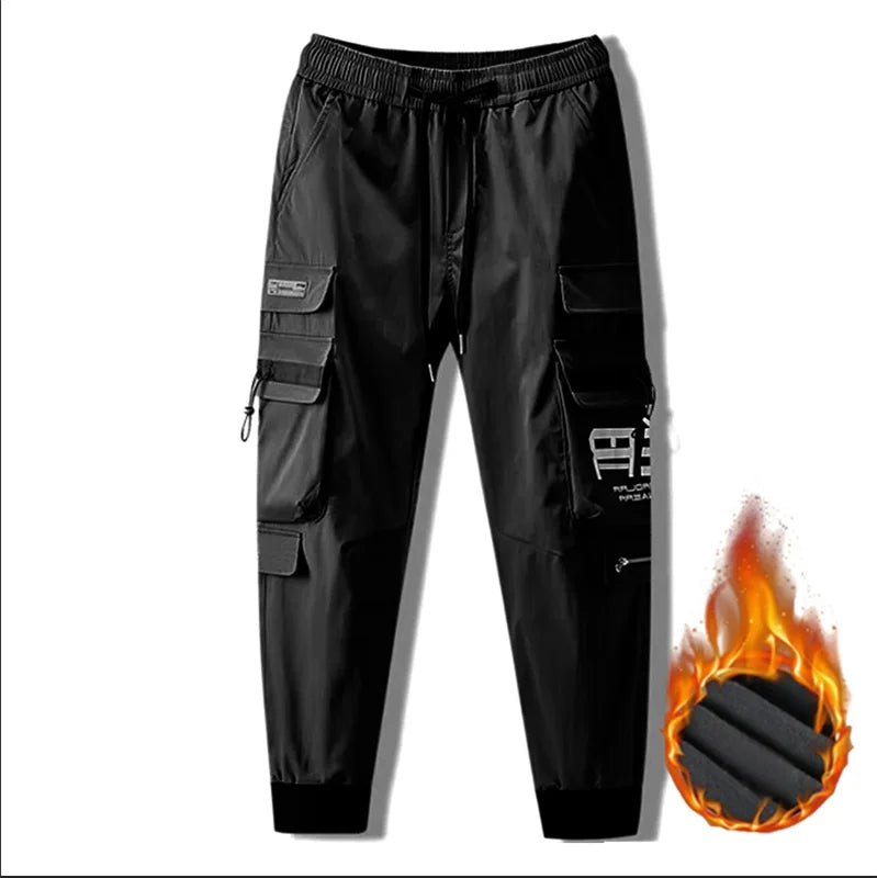2024 new autumn and winter cashmere thick pants men's solid color loose drawstring fashion casual pants port style cargo pants - NJN NATURES