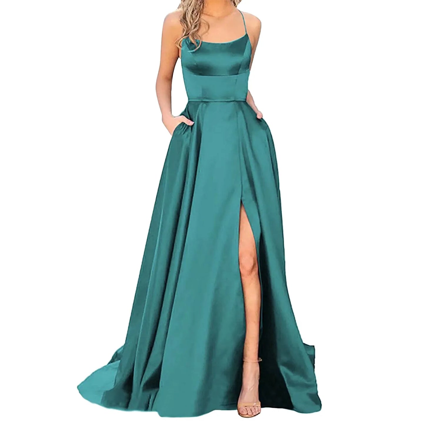 Elegant Hight Split Evening Maxi Dress Sexy Lace-Up Backless Long Dresses Navy Blue Sleeveless High Waist Party Dress - NJN NATURES