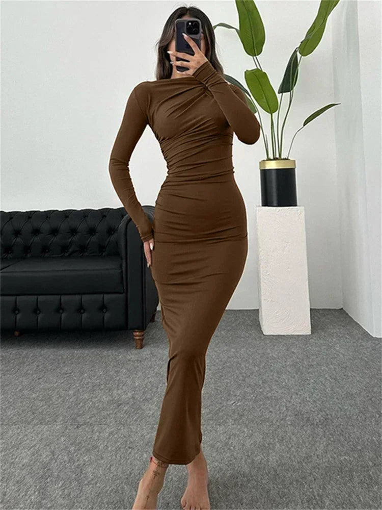 Tossy Pleated Long sleeved Slim Maxi Dress Women Solid Fashion Elegant Party Dress Gown Off-Shoulder High Waist Bodycon Dress - NJN NATURES