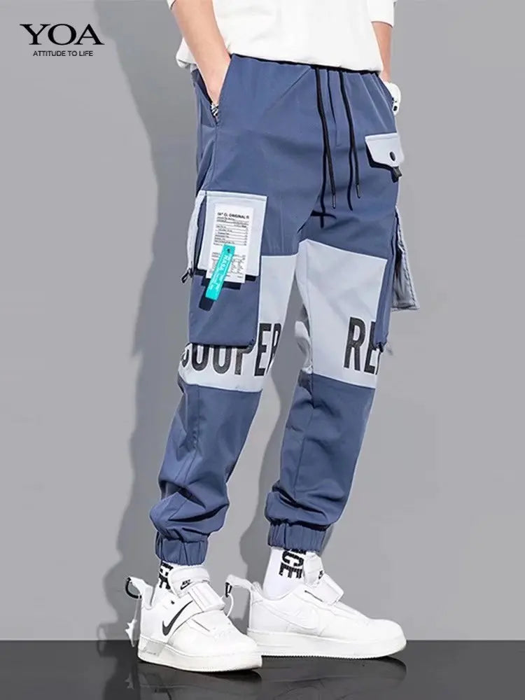 Men's Cargo Pants Casual Hip Hop Hit Color Multiple Pockets Trousers Streetwear Ribbons Techwear Sweatpants - NJN NATURES