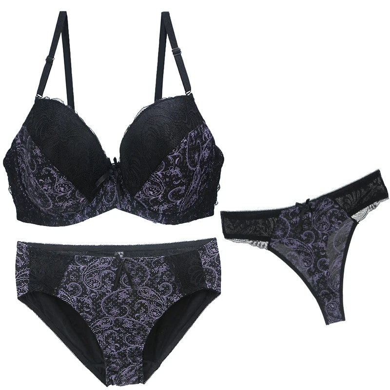 2024 New Sexy Push Up Bra Sets For Women 3 Piece Underwear Transparent BCDEF Cup Beige Black Blue Purple Red White Lingerie - NJN NATURES