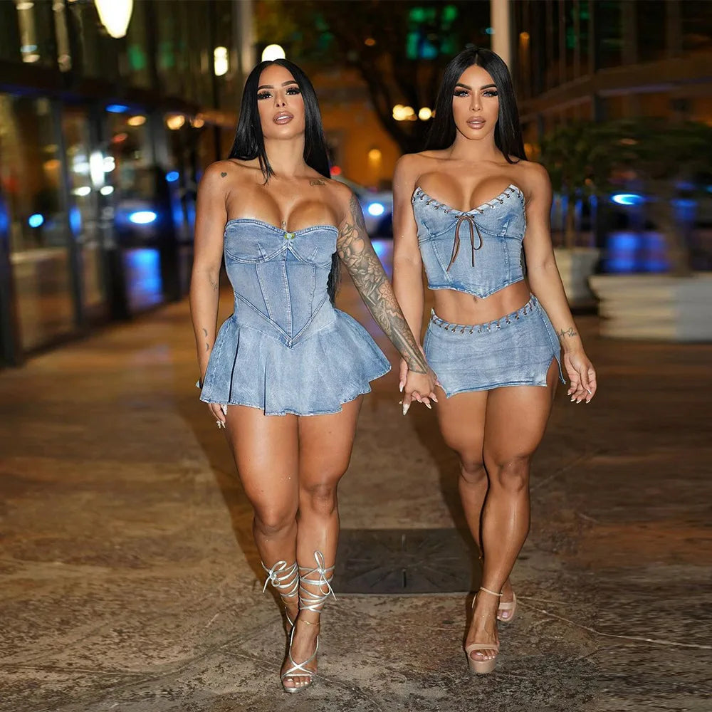 Women Stretch Denim Washed Wrap Backless Ruffle Dress Sexy Zipper Dress Elegant Blue Jeans Skater Party Dress for Female 2024 - NJN NATURES