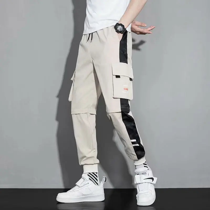 Men's Cargo Pants Casual Hip Hop Hit Color Multiple Pockets Trousers Streetwear Ribbons Techwear Sweatpants - NJN NATURES