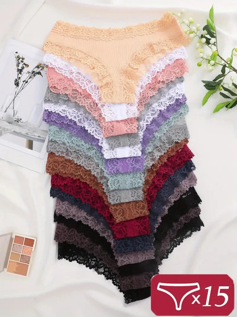 15Pcs Women Cotton Panties Sexy Lace Intimate Brazilian Underwear Solid Color Female Trendy Lace Briefs Female Soft Underpants - NJN NATURES