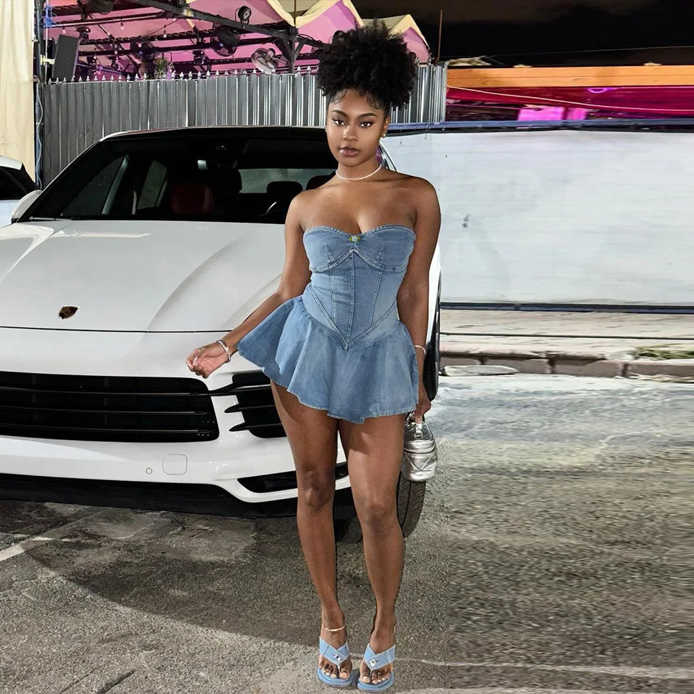 Women Stretch Denim Washed Wrap Backless Ruffle Dress Sexy Zipper Dress Elegant Blue Jeans Skater Party Dress for Female 2024 - NJN NATURES