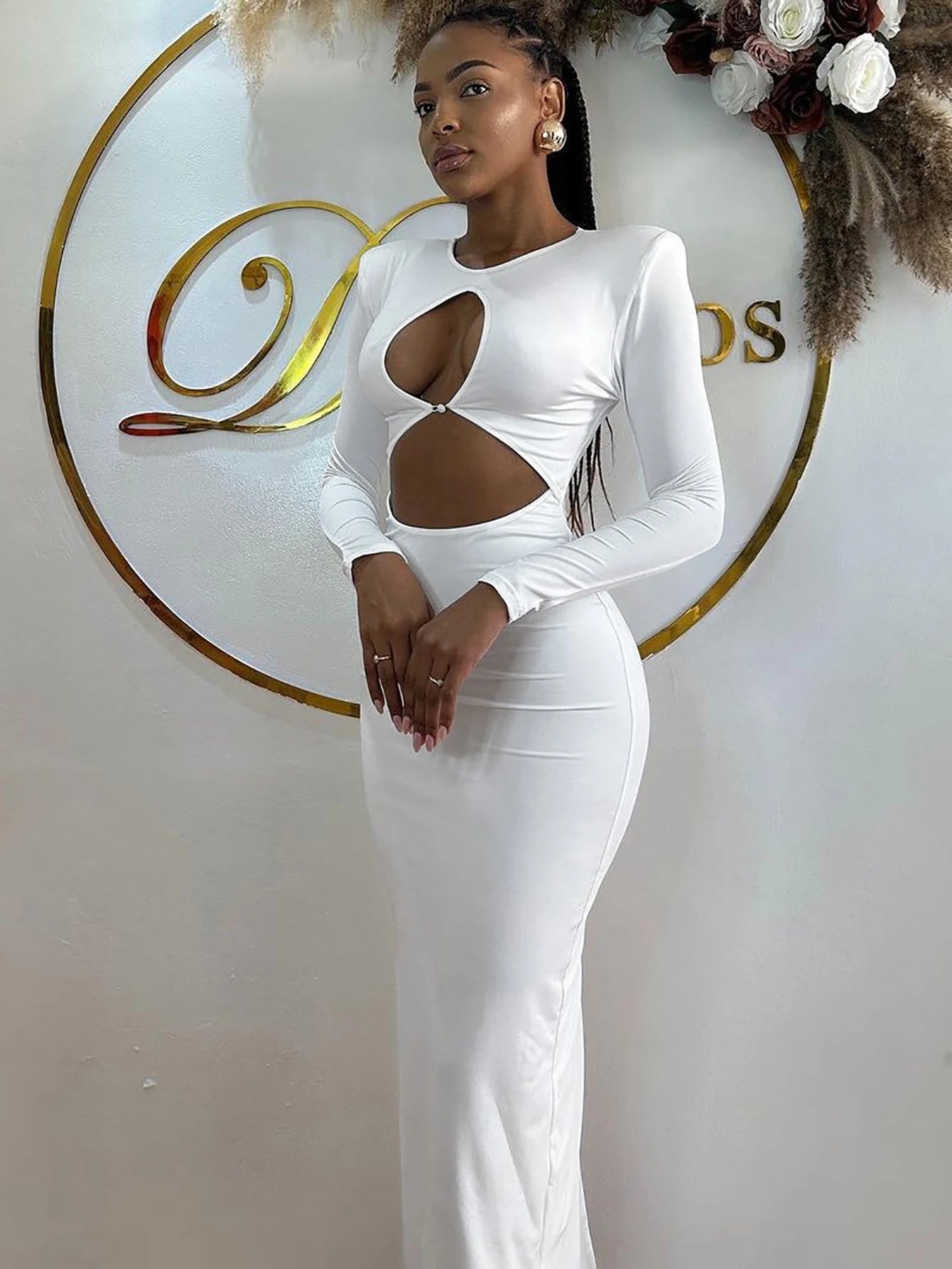 Hawthaw Women 2024 Spring Autumn Sexy Long Sleeve Party Club Hollow Out Bodycon White Long Dress Wholesale Items For Business - NJN NATURES