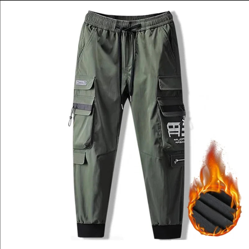 2024 new autumn and winter cashmere thick pants men's solid color loose drawstring fashion casual pants port style cargo pants - NJN NATURES