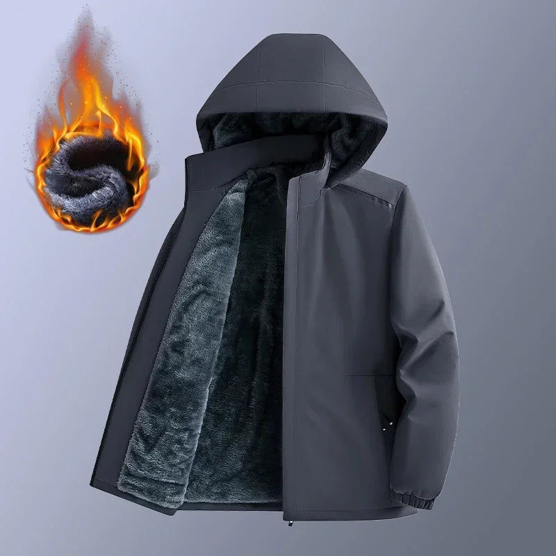 Men's Fleece stormcoat Autumn Winter New Solid Color Simple Loose Outdoor Sports Windproof Hooded Coat Men's Waterproof Jacket - NJN NATURES