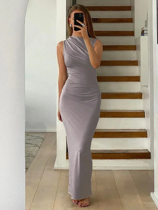 Tossy Pleated Long sleeved Slim Maxi Dress Women Solid Fashion Elegant Party Dress Gown Off-Shoulder High Waist Bodycon Dress - NJN NATURES