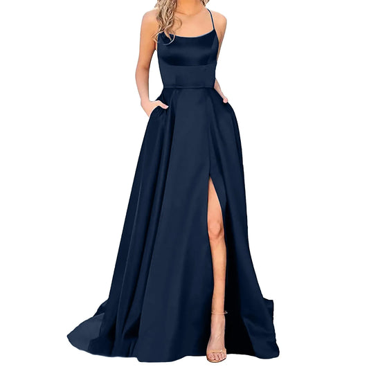Elegant Hight Split Evening Maxi Dress Sexy Lace-Up Backless Long Dresses Navy Blue Sleeveless High Waist Party Dress - NJN NATURES