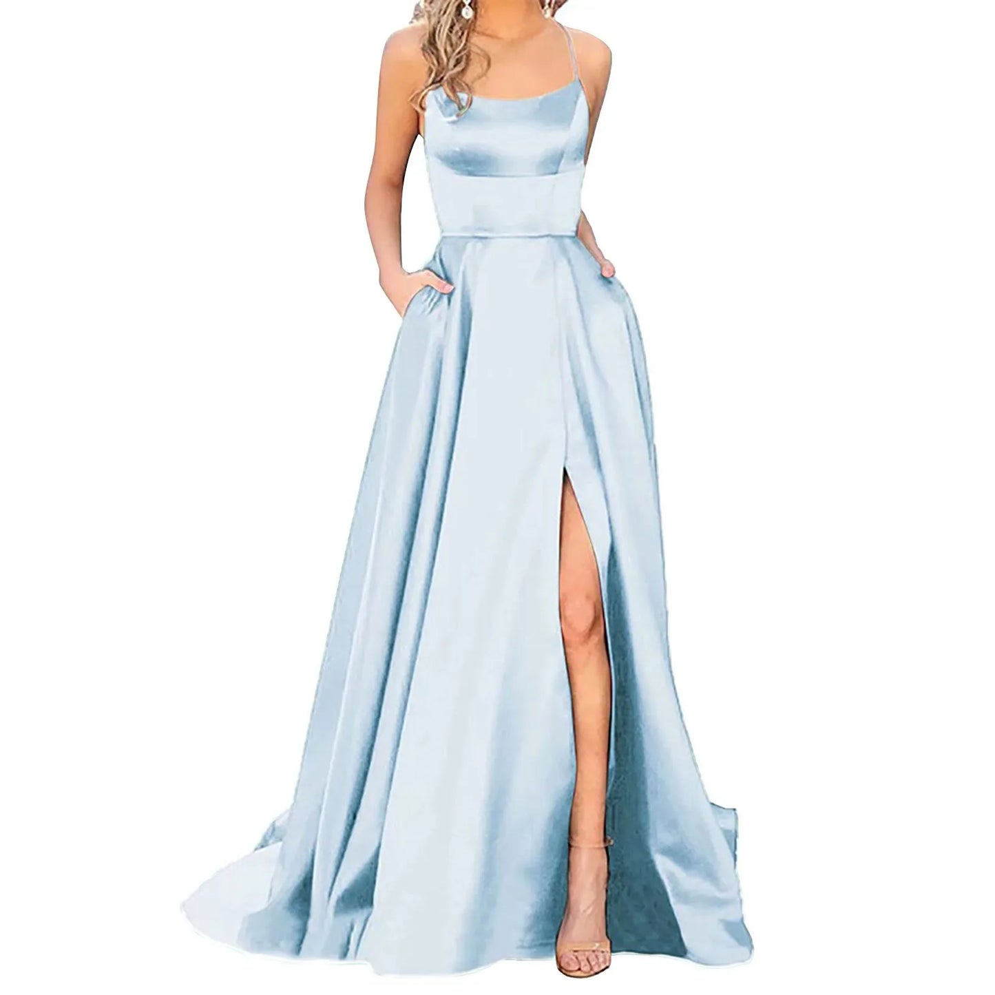 Elegant Hight Split Evening Maxi Dress Sexy Lace-Up Backless Long Dresses Navy Blue Sleeveless High Waist Party Dress - NJN NATURES