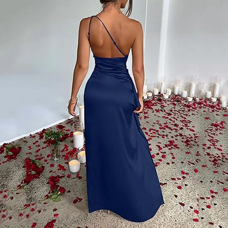 Women High Split Pleated Cocktail Wedding Party Dresses Sexy One Shoulder Satin Prom Dresses  Solid Maxi Bridesmaid Evening Dres - NJN NATURES