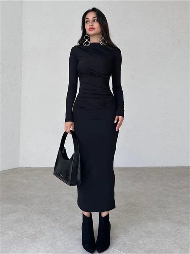 Tossy Pleated Long sleeved Slim Maxi Dress Women Solid Fashion Elegant Party Dress Gown Off-Shoulder High Waist Bodycon Dress - NJN NATURES
