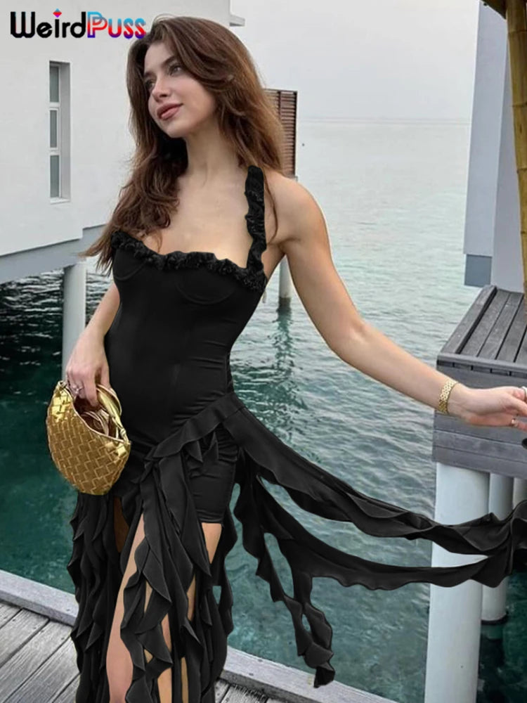 Weird Puss Halter Party Dress Women Backless Chic Irregular Tassel Hem Summer Sexy Birthday Party Split Midnight Club Bodycon - NJN NATURES