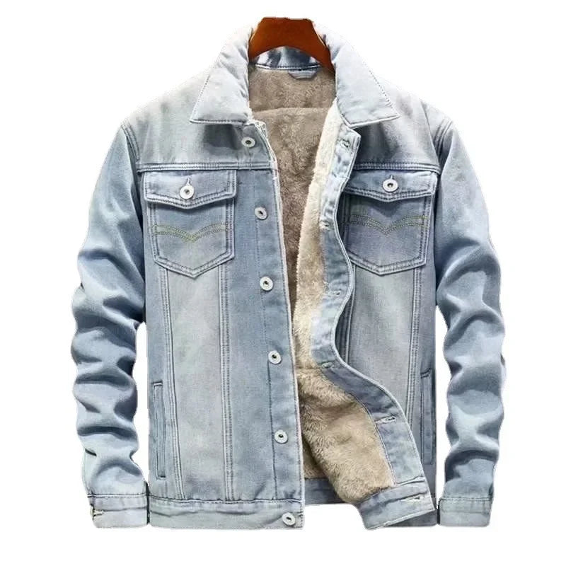 Thickened Fleece-lined Denim Jacket Men's Loose Fit Warm Work Clothes Trendy Korean Style Versatile Casual Wear - NJN NATURES