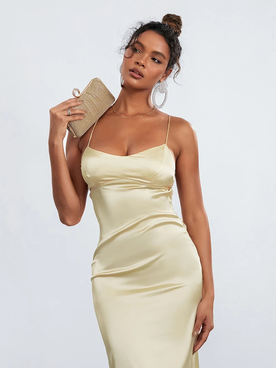 wsevypo Women's Spaghetti Strap Party Dress Backless Cross Tie-up Sleeveless Low Cut Slip Dresses Elegant Evening Gown Vestidos - NJN NATURES