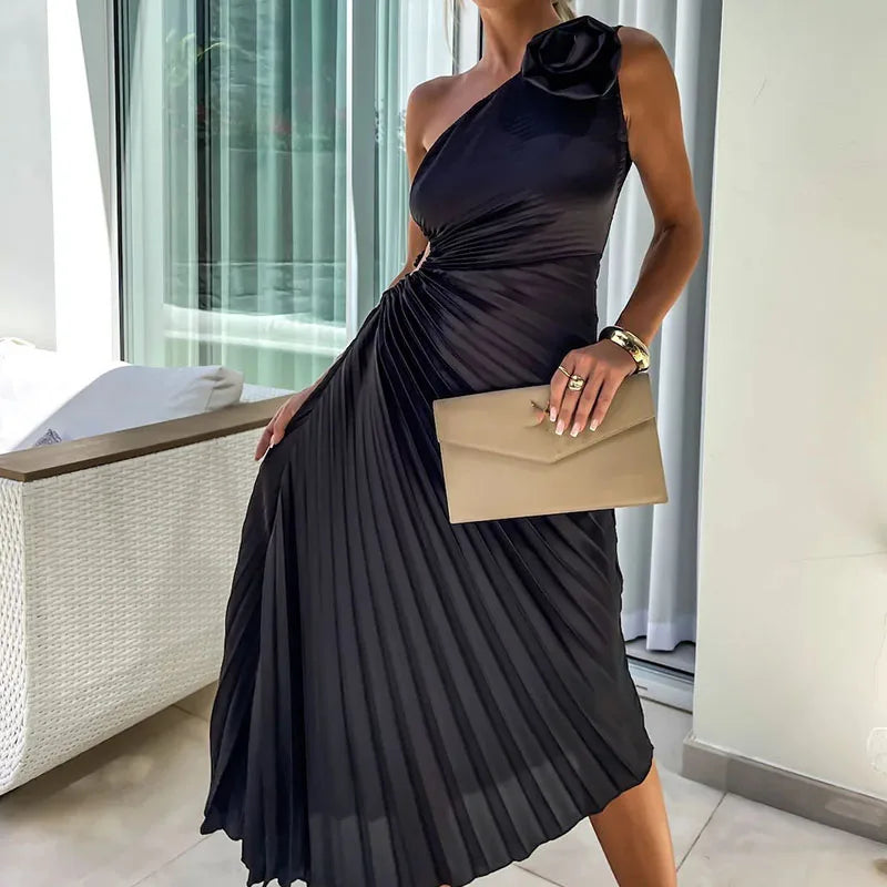 New Asymmetrical Hollow Sleeveless Long Dress Female Casual Off Shoulder Evening Dresses Fashion Floral Pleated Slim Party Dress - NJN NATURES