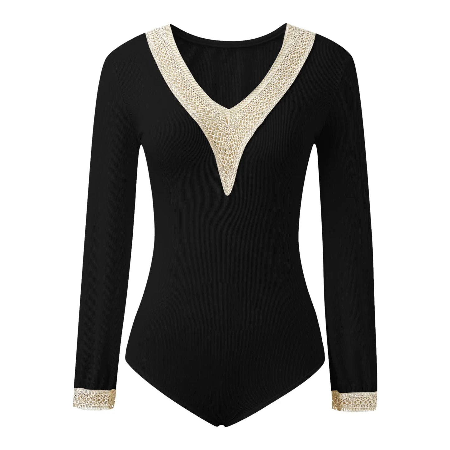 Lace V Neck Bodysuit Blouses Puff Long Sleeves Pullover Fashion Solid Tops Elegant Female Ribbed Body Suit Spring Jumpsuit 2024 - NJN NATURES
