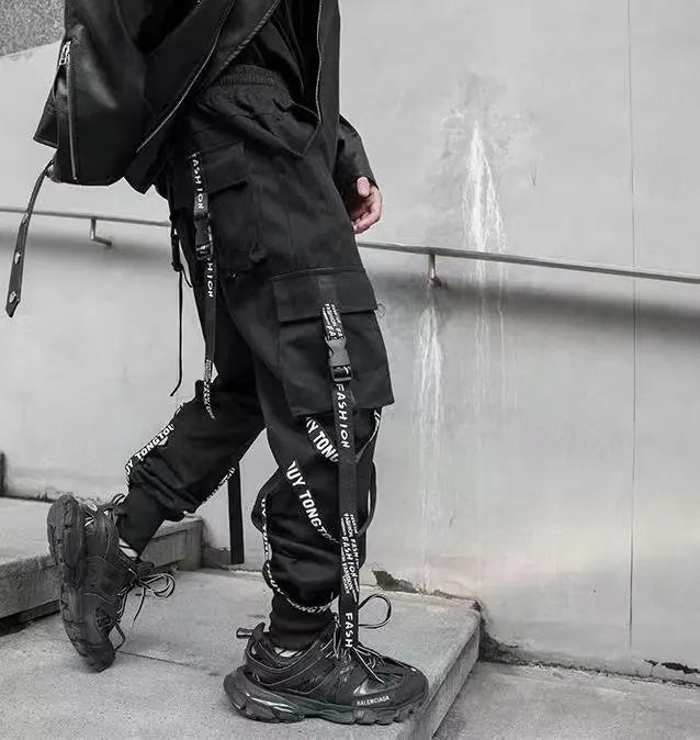 Ropa de calle clásica para hombre, pantalones Cargo con cintas de letras, chándal táctico informal con bolsillos, estilo Hip Hop - NJN NATURES