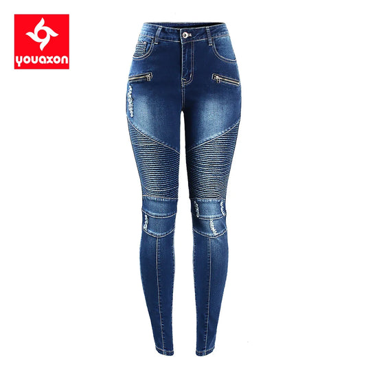 2077 Youaxon Women`s Fashion Motor Biker Style Jeans Mid High Waist Denim Skinny Pants Jeans For Women Clothing Free Shipping - NJN NATURES
