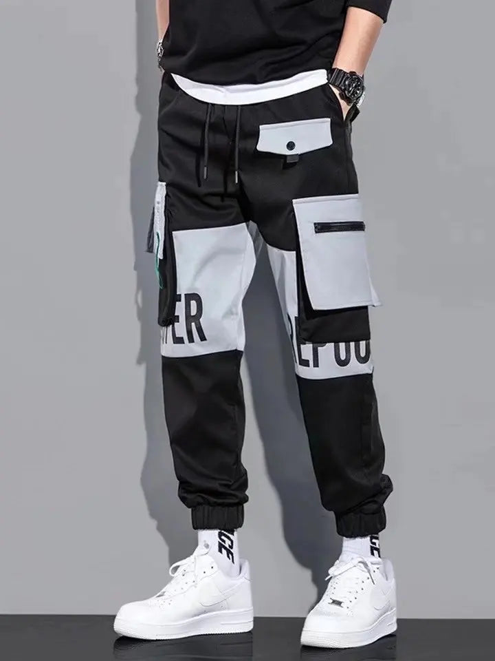 Men's Cargo Pants Casual Hip Hop Hit Color Multiple Pockets Trousers Streetwear Ribbons Techwear Sweatpants - NJN NATURES