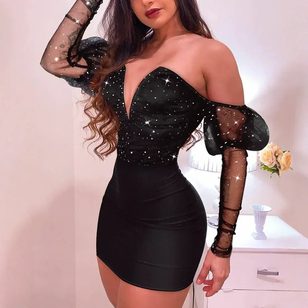 Women Strapless Mesh Splicing Long Sleeve Mini Dress Bodycon Sexy Fashion Party Dress - NJN NATURES