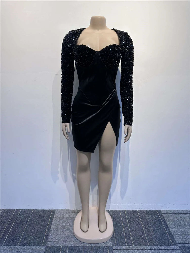 iDress Beautiful Corset Sequin Blazer Mini Dress Elegant Sequined Party Dress Long Sleeve Split Birthday Outfits Sexy Clubwear - NJN NATURES
