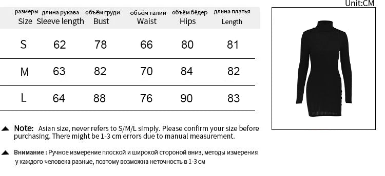 New Sexy Mini Dress For Women Autumn Black Solid Turtleneck Long Sleeves Sheath Dress Club Elegant Bodycon Party Dresses Female - NJN NATURES