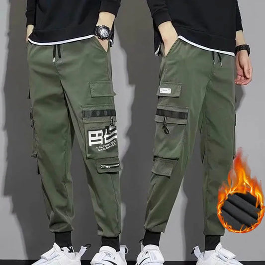 2024 new autumn and winter cashmere thick pants men's solid color loose drawstring fashion casual pants port style cargo pants - NJN NATURES
