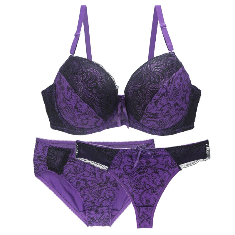 2024 New Sexy Push Up Bra Sets For Women 3 Piece Underwear Transparent BCDEF Cup Beige Black Blue Purple Red White Lingerie - NJN NATURES
