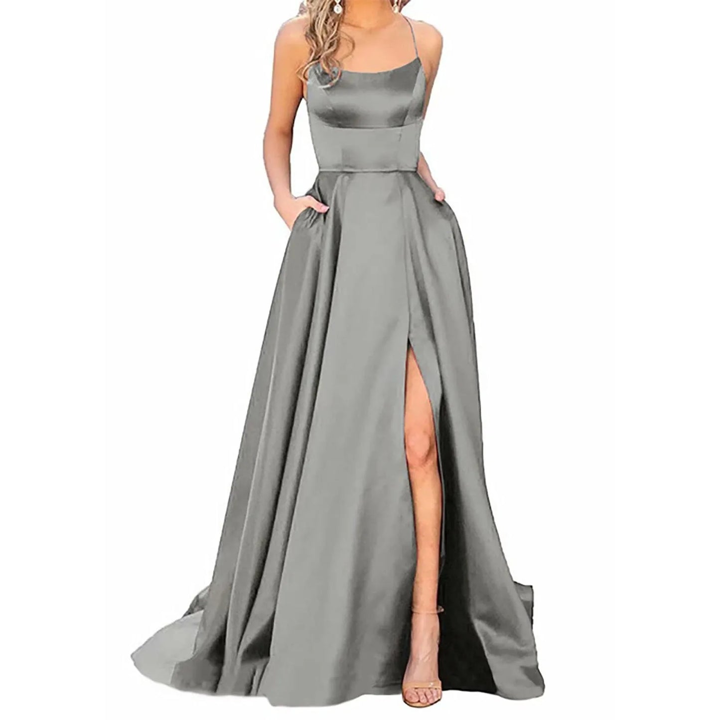 Elegant Hight Split Evening Maxi Dress Sexy Lace-Up Backless Long Dresses Navy Blue Sleeveless High Waist Party Dress - NJN NATURES