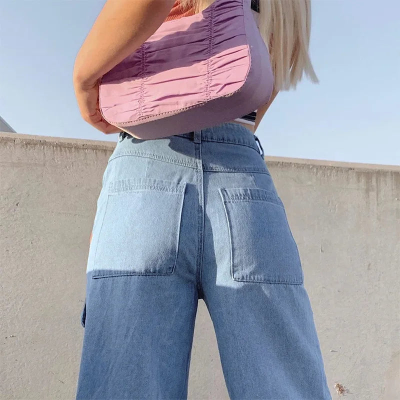 New Y2K Jeans Women's High Waist Baggy Jeans Washed Flap Big Pocket Straight Wide Leg Denim Pants Streetwear Vintage Cargo Jeans - NJN NATURES