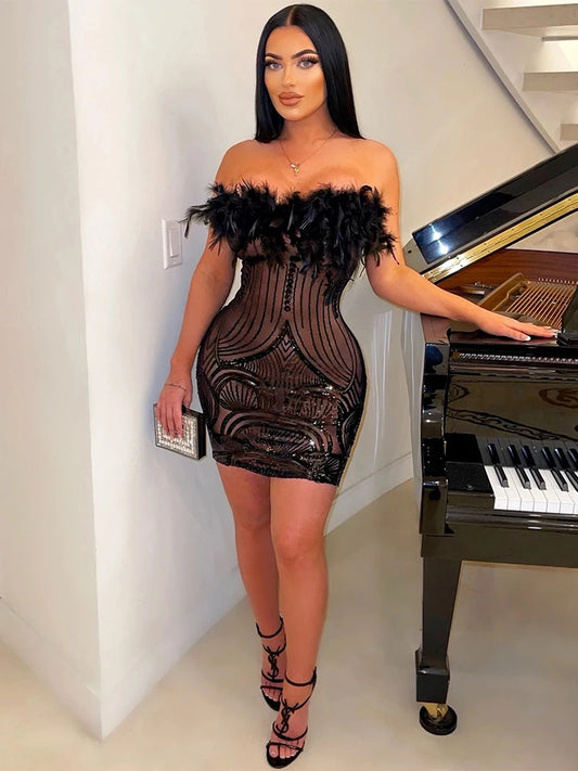 iDress Black Sexy Sequin Party Dress for Women Elegant Glitter Feather Short Dress Sheer Mesh Strapless Bodycon Mini Club Dress - NJN NATURES